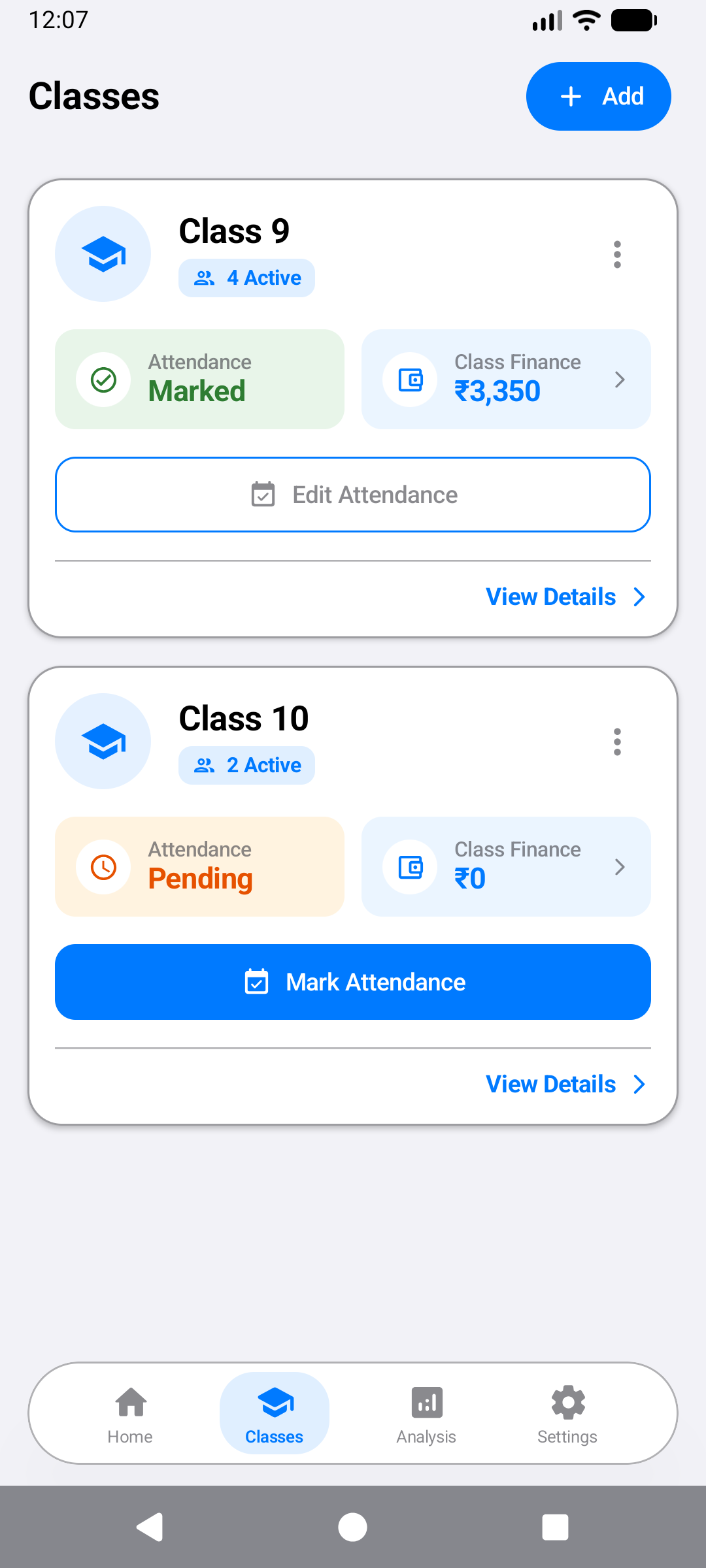 Organize Classes & Batches interface