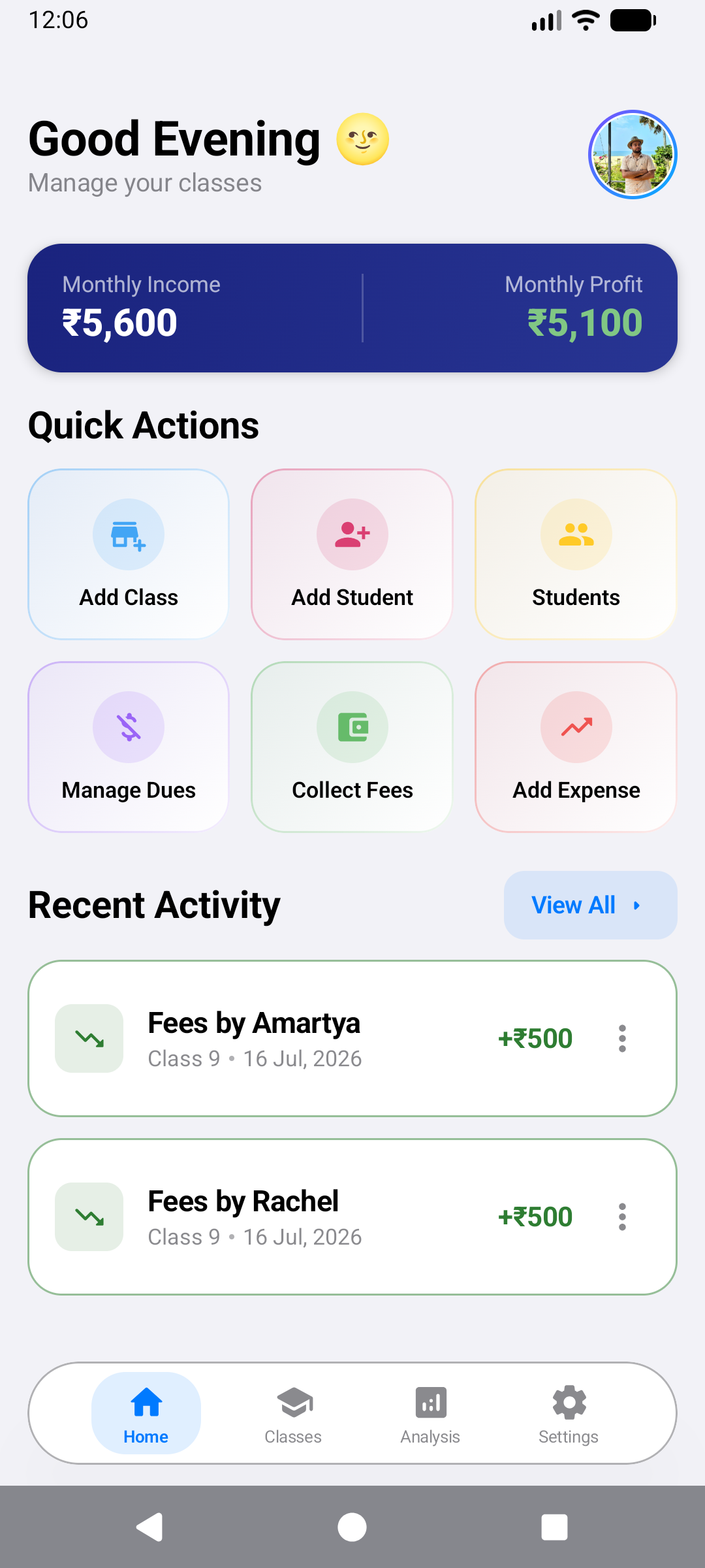 Tutory App Dashboard showing student list and fees overview