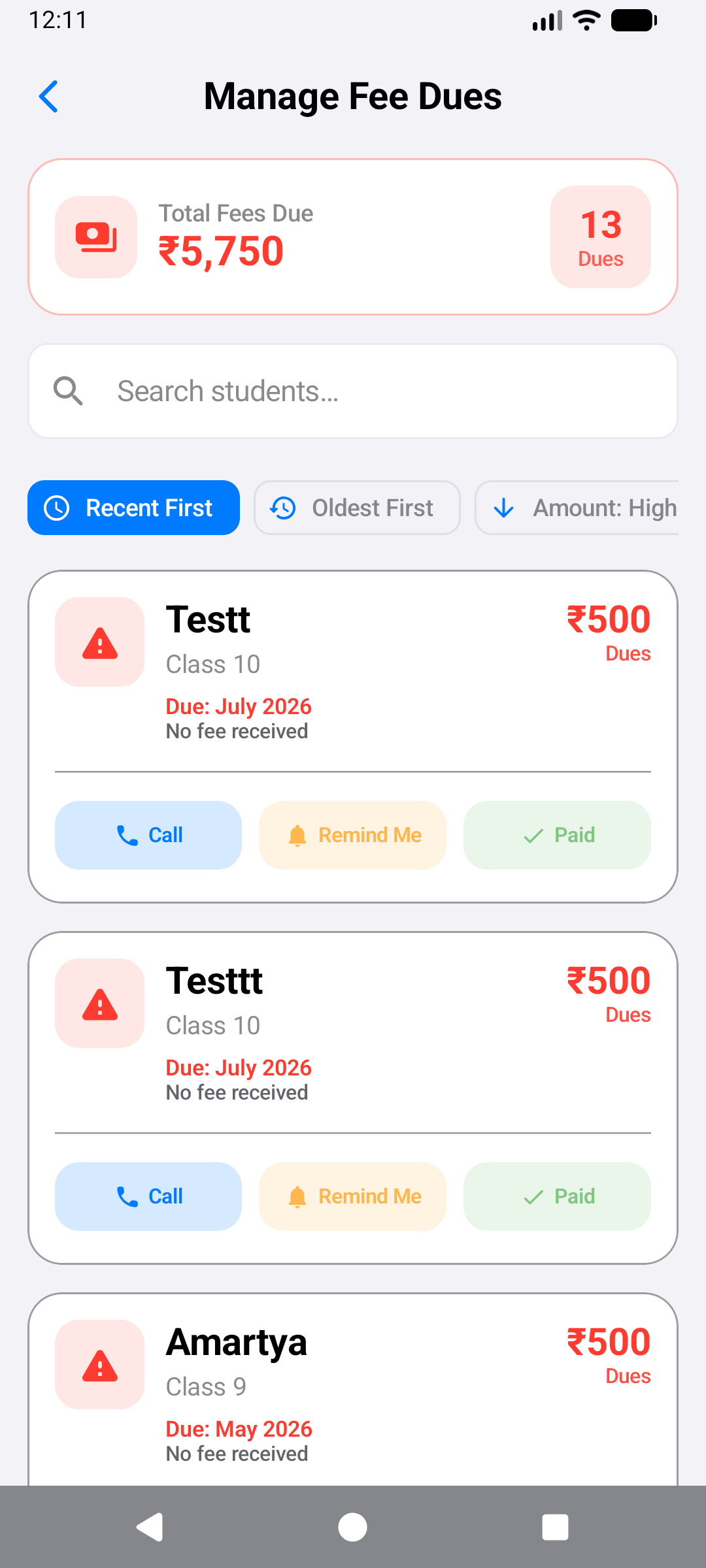 Automated Fees Tracking interface